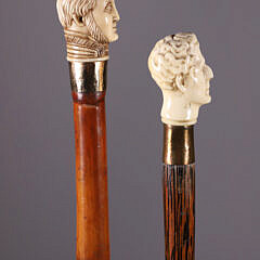Two Carved Gentlemen Bust Grip Walking Sticks, 19th Century
