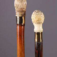 Two Carved Gentlemen Bust Grip Walking Sticks, 19th Century