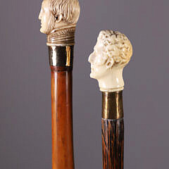 Two Carved Gentlemen Bust Grip Walking Sticks, 19th Century