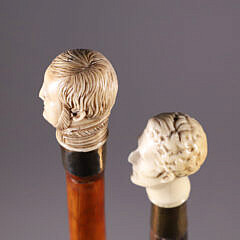 Two Carved Gentlemen Bust Grip Walking Sticks, 19th Century