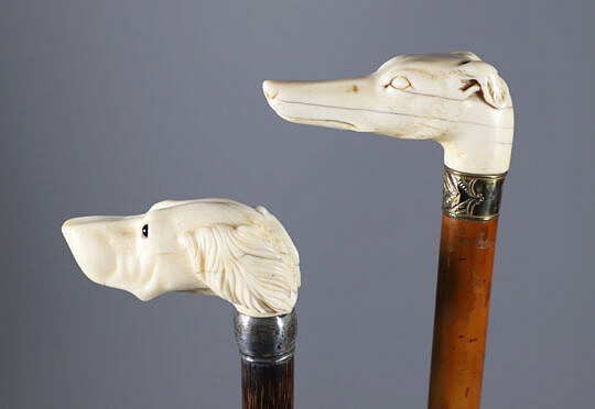 Two Carved Dog Head Canes, 19th Century