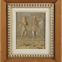 Reginald Marsh Oil and Pen on Masonite "Standing Portrait of Man and Woman"
