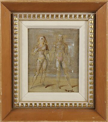 Reginald Marsh Oil and Pen on Masonite "Standing Portrait of Man and Woman"