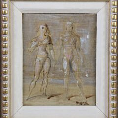 Reginald Marsh Oil and Pen on Masonite “Standing Portrait of Man and Woman”