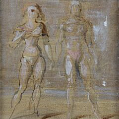 Reginald Marsh Oil and Pen on Masonite “Standing Portrait of Man and Woman”
