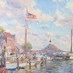 Jan Pawlowski Oil on Canvas “Nantucket Harbor at Straight Wharf”, circa 1994