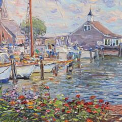 Jan Pawlowski Oil on Canvas “Nantucket Harbor at Straight Wharf”, circa 1994