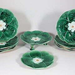 Nine Majolica Green and White Lily Pad Plates and One Footed Compote, 19th Century