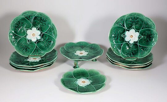 Nine Majolica Green and White Lily Pad Plates and One Footed Compote, 19th Century