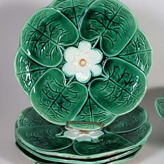 Nine Majolica Green and White Lily Pad Plates and One Footed Compote, 19th Century