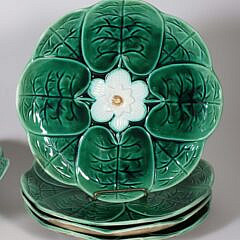 Nine Majolica Green and White Lily Pad Plates and One Footed Compote, 19th Century