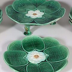 Nine Majolica Green and White Lily Pad Plates and One Footed Compote, 19th Century