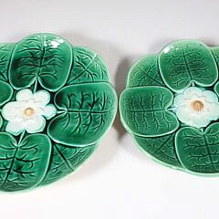 Nine Majolica Green and White Lily Pad Plates and One Footed Compote, 19th Century