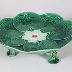 Nine Majolica Green and White Lily Pad Plates and One Footed Compote, 19th Century