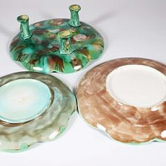 Nine Majolica Green and White Lily Pad Plates and One Footed Compote, 19th Century