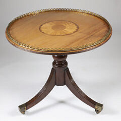 Mahogany and Satinwood Brass Gallery Inlaid Low Tripod Table