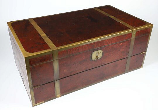 19th Century Brass and Bound Burl Wood Traveling Desk Box