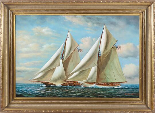 Decorative Large Oil on Canvas "Sailing Yacht"
