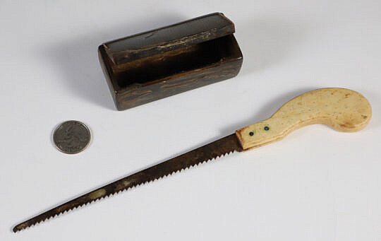 Buffalo Horn Snuff Box and a Whalebone Handle Saw