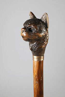 Mechanical Carved Wood Cat Head Walking Stick, 19th Century