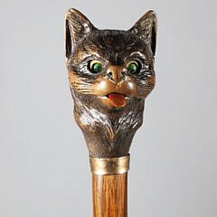 Mechanical Carved Wood Cat Head Walking Stick, 19th Century