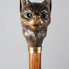 Mechanical Carved Wood Cat Head Walking Stick, 19th Century