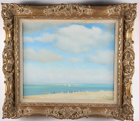 Contemporary Oil on Board "Beach Scene" D.L. Meyer, signed lower right D.L. Meyer in molded gilt frame