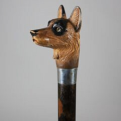 Mechanical Polychromed Carved Wood German Shephard Walking Stick, 19th Century