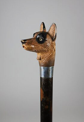 Mechanical Polychromed Carved Wood German Shephard Walking Stick, 19th Century