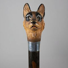 Mechanical Polychromed Carved Wood German Shephard Walking Stick, 19th Century