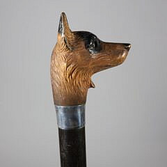 Mechanical Polychromed Carved Wood German Shephard Walking Stick, 19th Century