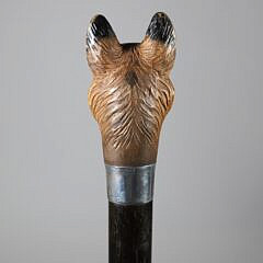 Mechanical Polychromed Carved Wood German Shephard Walking Stick, 19th Century
