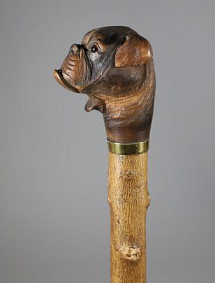 Mechanical Carved Wood Bulldog Walking Stick