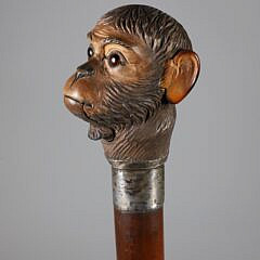 Mechanical Carved Wood Monkey Head Walking Stick, 19th Century
