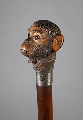 Mechanical Carved Wood Monkey Head Walking Stick, 19th Century