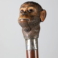 Mechanical Carved Wood Monkey Head Walking Stick, 19th Century
