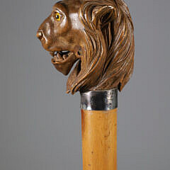 Mechanical Carved Wood Lion’s Head Walking Stick, 19th Century