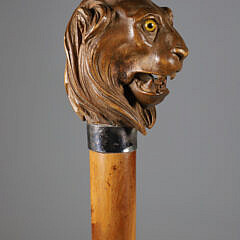 Mechanical Carved Wood Lion’s Head Walking Stick, 19th Century