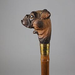 Mechanical Carved Wood Boxer Dog Walking Stick, 19th Century