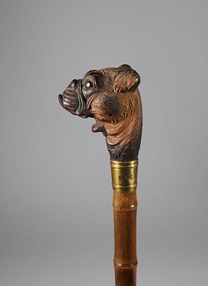 Mechanical Carved Wood Boxer Dog Walking Stick, 19th Century