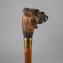 Mechanical Carved Wood Boxer Dog Walking Stick, 19th Century