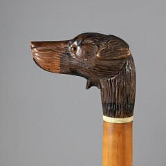 Mechanical Carved Wood Dog Head Walking Stick, 19th Century