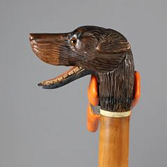 Mechanical Carved Wood Dog Head Walking Stick, 19th Century