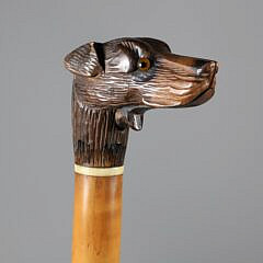 Mechanical Carved Wood Dog Head Walking Stick, 19th Century