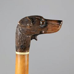 Mechanical Carved Wood Dog Head Walking Stick, 19th Century