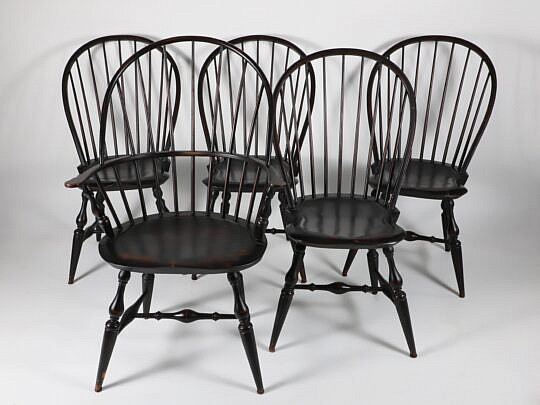 Set of Five Warren Chair Works Windsor Armchairs in Black Paint