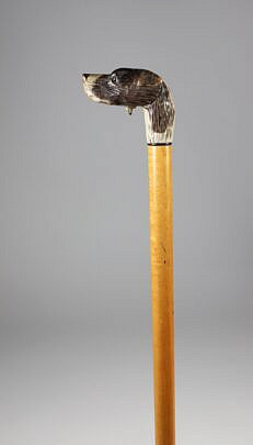 Mechanical Carved Polychromed Wood Hound Walking Stick
