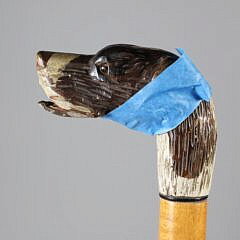 Mechanical Carved Polychromed Wood Hound Walking Stick