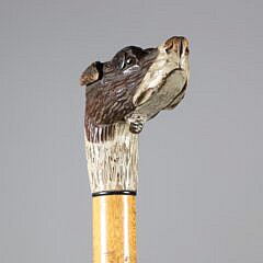 Mechanical Carved Polychromed Wood Hound Walking Stick