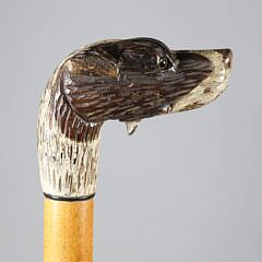 Mechanical Carved Polychromed Wood Hound Walking Stick